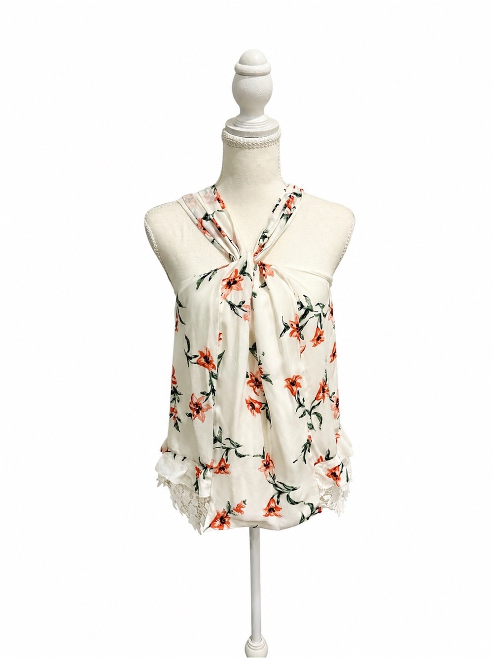 Joie NWT Floral Twist Neck Halter Top XS Ivory Lace Trim Boho Blouse